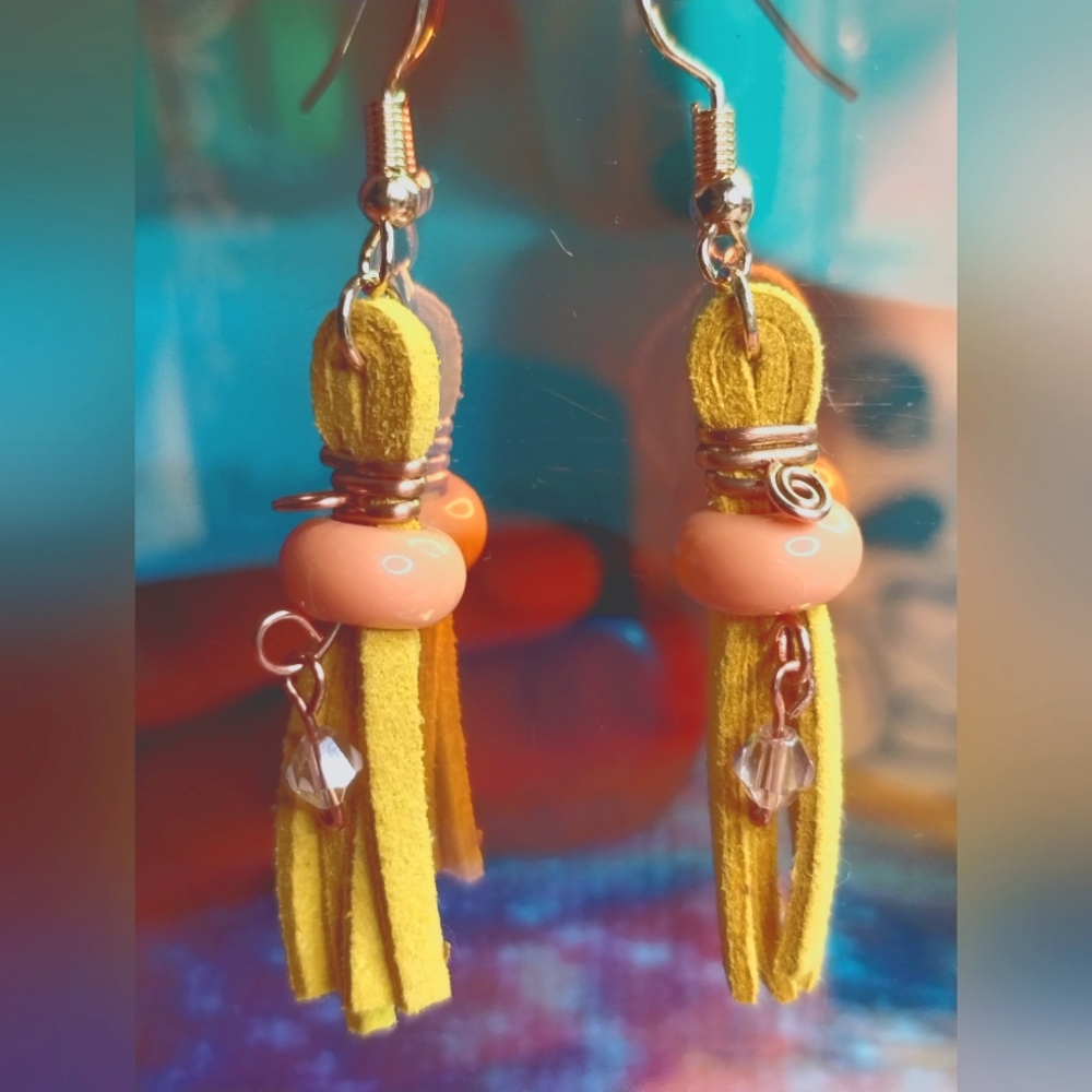 Copper wire wrapped beaded faux leather handmade earrings
